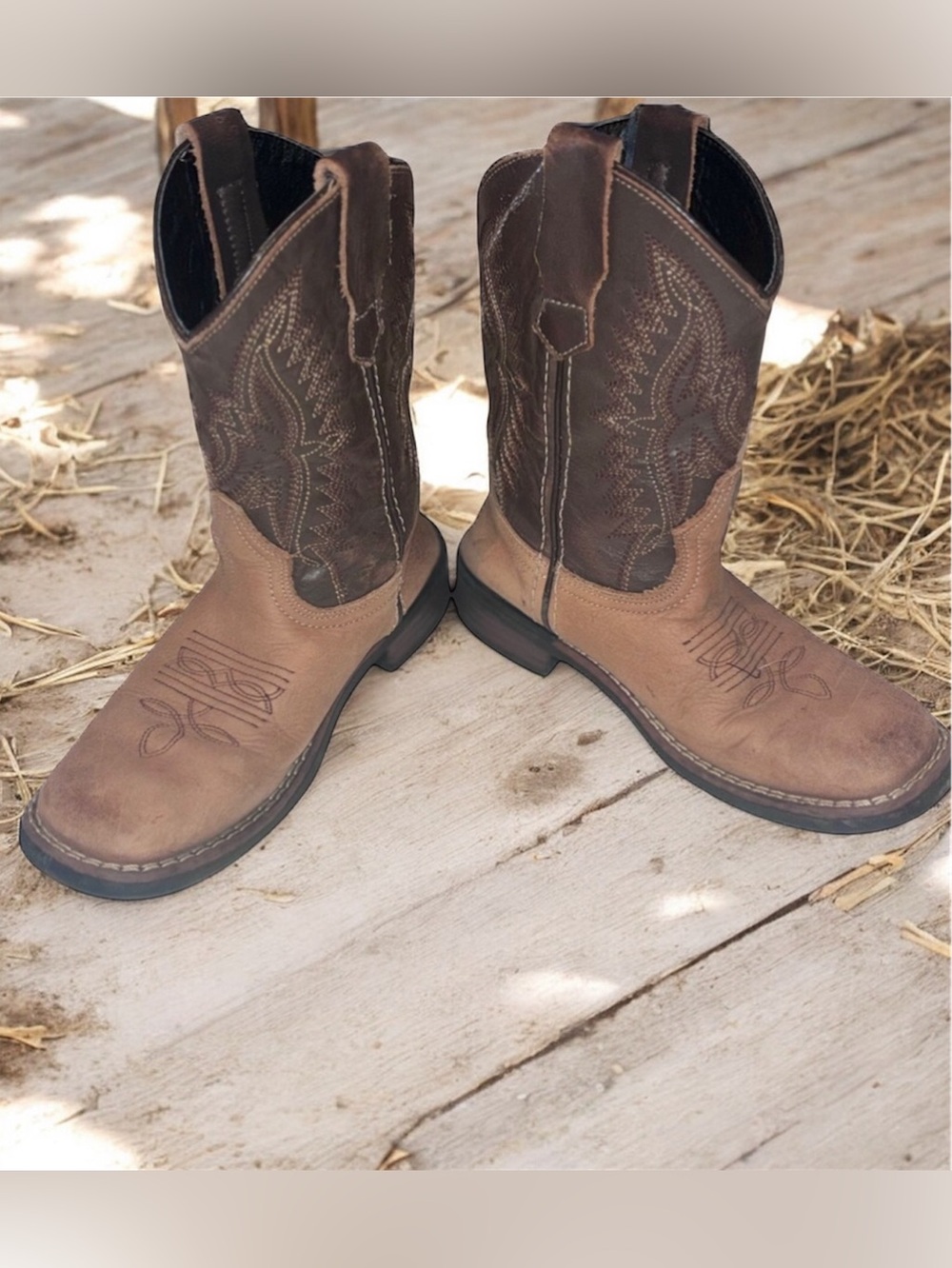 J.B. Dillon Kids Brown & Tan Leather Pull-On Boots Kids Boys Size 12